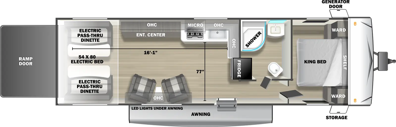 The 2730RLX travel trailer has no slide outs, 1 entry door and 1 rear ramp door. Exterior features include an awning with LED lights, front door side storage and front off-door side generator door. Interior layout from front to back includes: front bedroom with foot-facing King bed, shelf over the bed, and front corner wardrobes; off-door side bathroom with shower, linen storage, toilet and single sink vanity; off-door side kitchen with L-shaped countertop, overhead microwave, overhead cabinets, sink and rear facing refrigerator; door side overhead cabinet over 2 recliners with end table; off-door side entertainment center with overhead cabinet; and rear 54 x 80 electric bed over electric pass-through dinette. Cargo length from rear of unit to kitchen countertop is 16 ft. 1 in. Cargo width from kitchen countertop to door side wall is 77 inches.